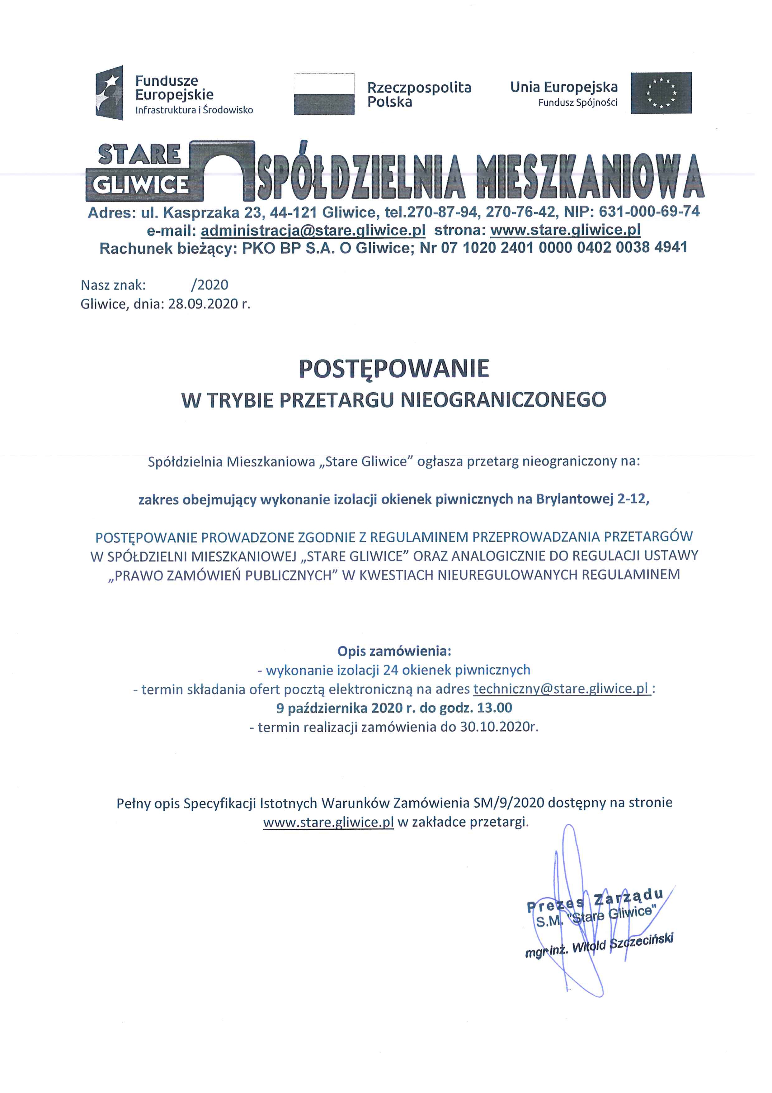Ogłoszenie przetarg izolacje Brylantowa