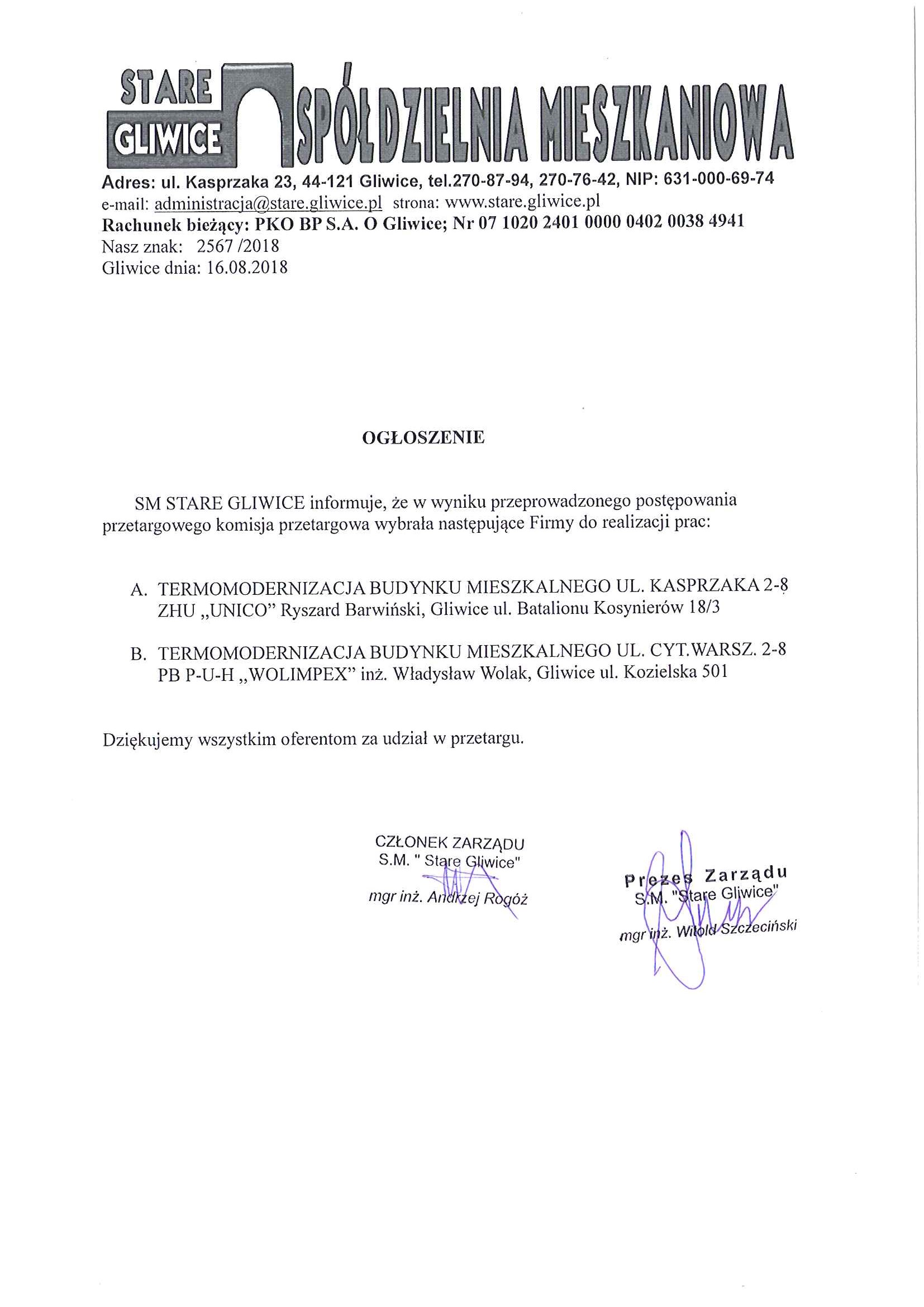 Ogłoszenie przetarg termo