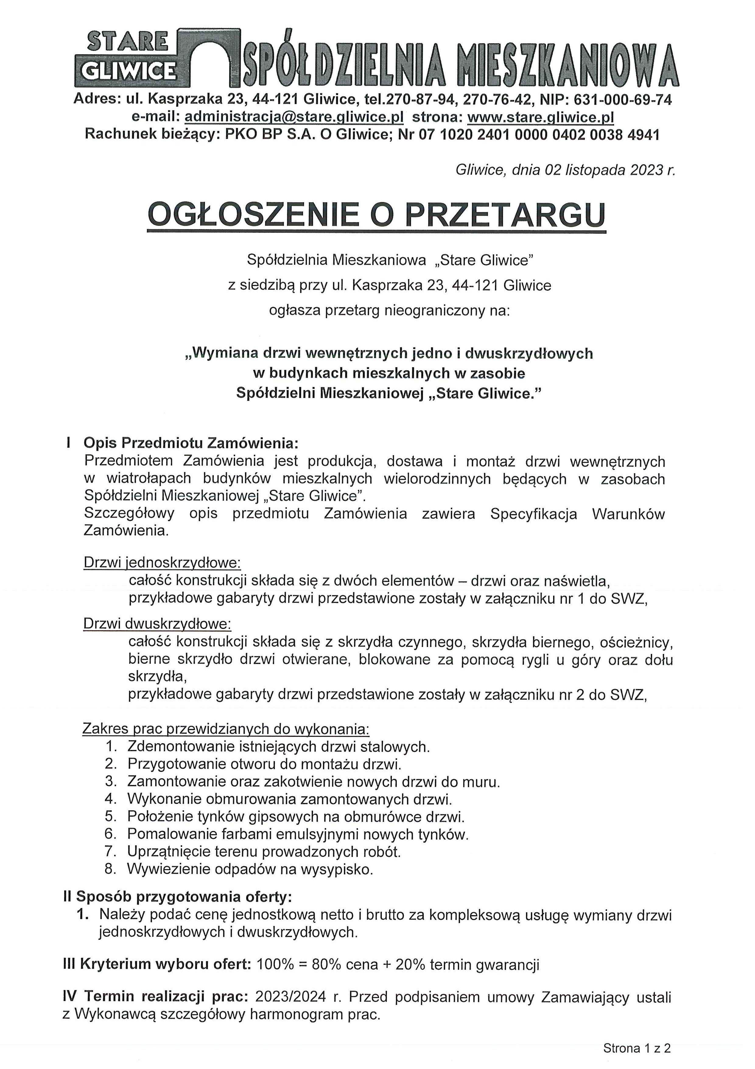 Ogłoszenie wyciąg drzwi st.1