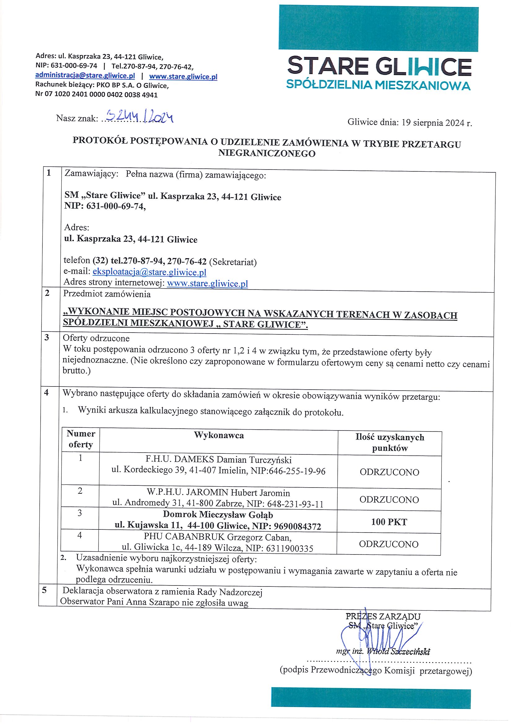 Skrócony protokół przetargu na miejsca postojowe