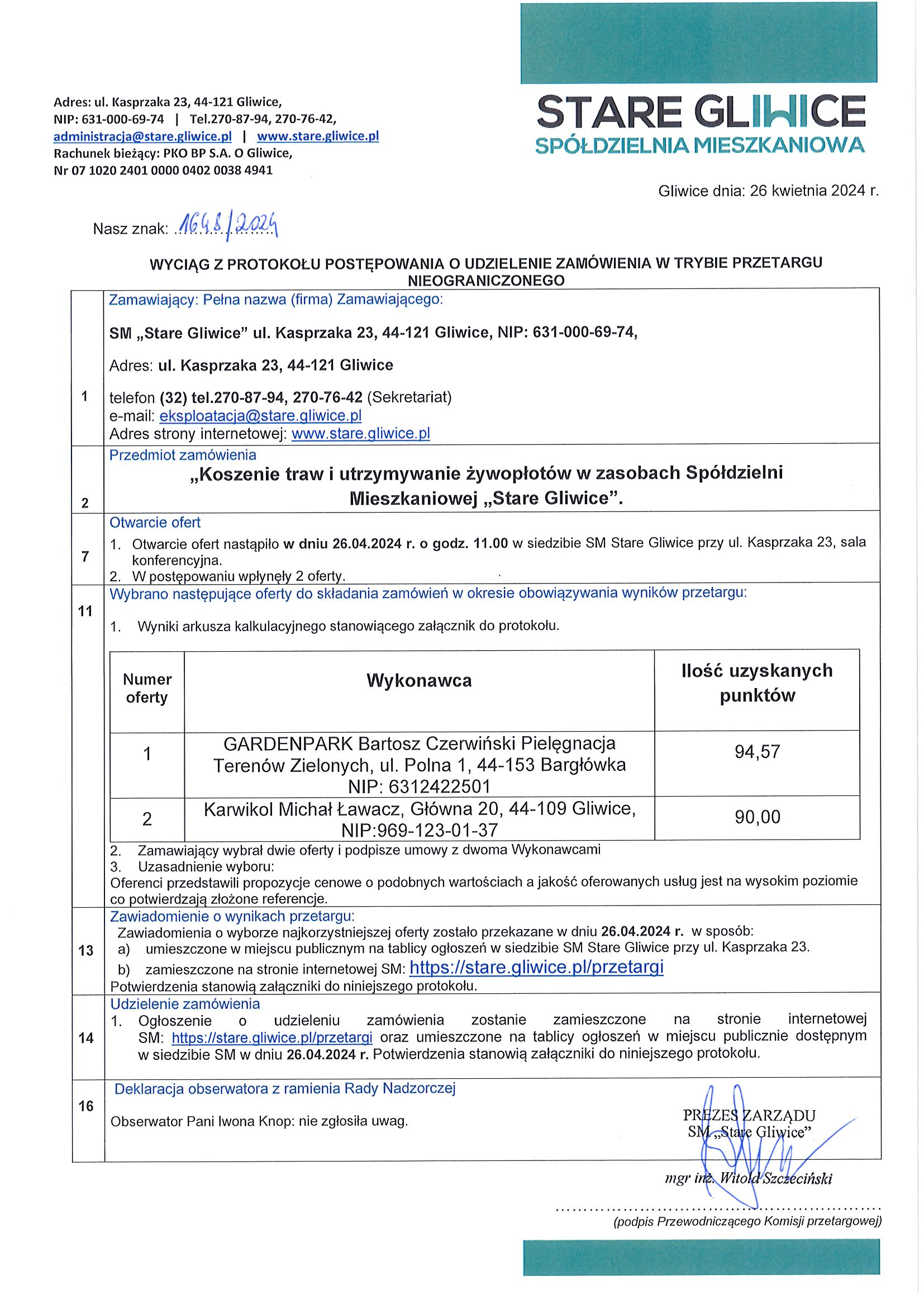 Wynik przetargu na utrzymanie zieleni