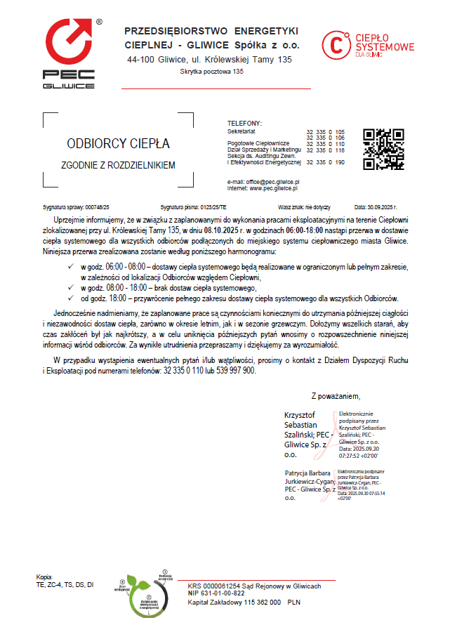 Przerwa w dostawie ciepła systemowego