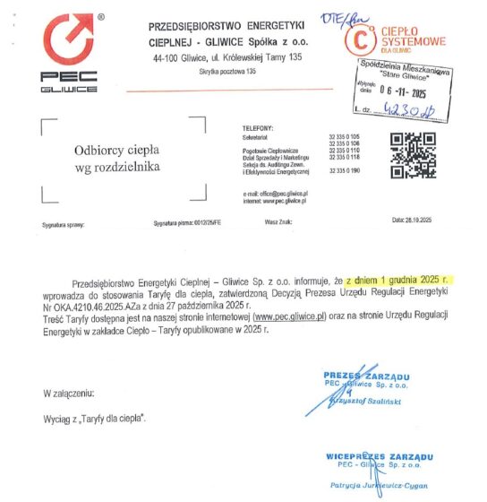 Nowa taryfa ciepła obowiązująca od 1 grudnia 2025