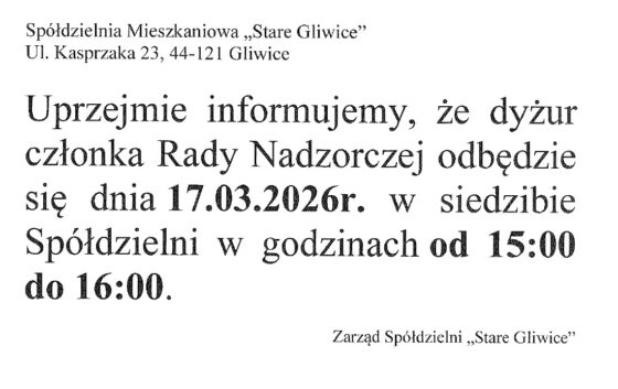 Dyżur Rady Nadzorczej 17.03.2026 od 15:00 do 16:00